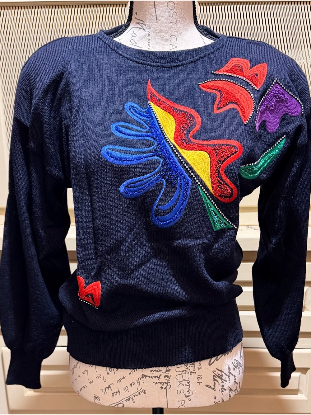 Vintage 80s Escada Margaretha Ley Silk Wool Rhinestone Abstract Sweater